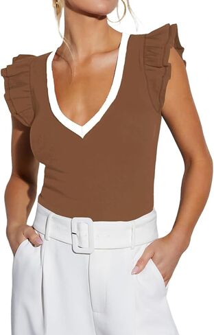 Ezbelle Women's Summer Sleeveless Tops V Neck Ruffle Shirts Knit Ribbed Tank Top Sexy Blouse 2024 in Saudi Arabia