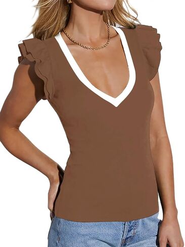 Ezbelle Women's Summer Sleeveless Tops V Neck Ruffle Shirts Knit Ribbed Tank Top Sexy Blouse 2024 in Saudi Arabia