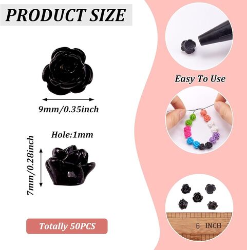50pcs Black Rose Beads for Rosary Necklaces Resin Flower Beads Drilled Rose Flower Embellishments for Buddha Mala Jewelry Making Bracelets Earrings Crafts Beads 9x7mm Hole: 1mm in Kuwait