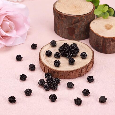 50pcs Black Rose Beads for Rosary Necklaces Resin Flower Beads Drilled Rose Flower Embellishments for Buddha Mala Jewelry Making Bracelets Earrings Crafts Beads 9x7mm Hole: 1mm in Kuwait