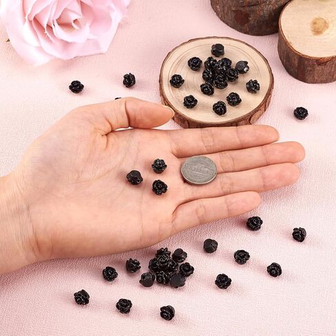 50pcs Black Rose Beads for Rosary Necklaces Resin Flower Beads Drilled Rose Flower Embellishments for Buddha Mala Jewelry Making Bracelets Earrings Crafts Beads 9x7mm Hole: 1mm in Kuwait