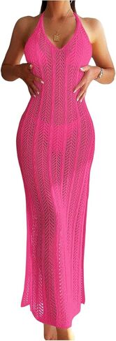 Verdusa Women's Halter Neck Tied Backless Crochet Knitted Bikini Cover Up Dress in Saudi Arabia