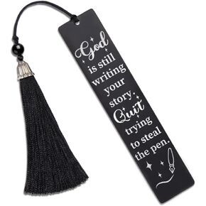 DYJYBMY God is Still Writing Your Story Quit Trying to Steal The Pen Engraved Metal Bookmark, Funny Stainless Steel Bookmark for Book Lover, Bible Verse Gifts for Bookworm BFF, Christian Faith Gifts