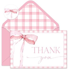 36 Pcs Pink Bow Thank You Cards with Envelopes and Stickers Watercolor Bow Greeting Cards Checkered Background Blank Note Cards for Valentine's Day Birthday Wedding