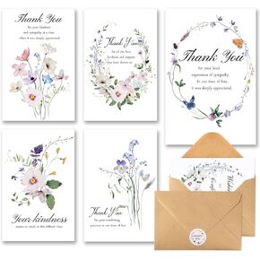 C2U Funeral Thank You Cards with Envelopes(20 Pack 4"x6"),Stickers & Message Inside - Wildflower Bereavement Sympathy Thank You Cards for Funeral Family Friends Loved Ones