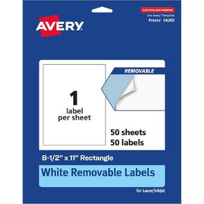 Avery Matte White Sticker Project Paper, Removable Rectangle Labels, 8.5" x 11", 15 Removable Labels, Laser/Inkjet Printable Labels