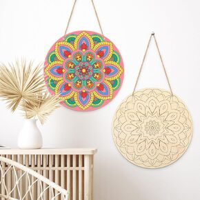 2 Pack 12 Inch Wooden Mandala Wall Decor Large Mandala Wall Hanging DIY Mandala Wall Hanging Decor with 12 Markers for Adults Stress Relief Office Bedroom Farmhouse Kitchen(Classic Style)