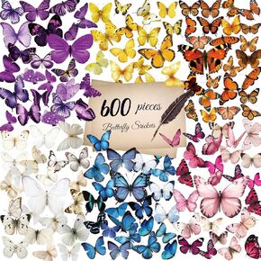 600Pcs Butterfly Stickers,Self-Adhesive PVC Vintage Butterfly Stickers for Scrapbook, Laptop, Journal, DIY Project, Window, Envelope Spring Themed Party Decors