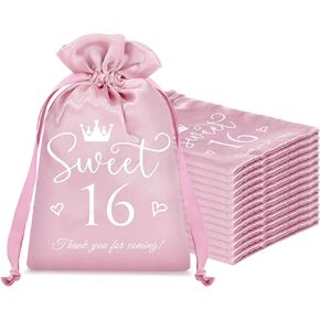Sweetude 25 Pcs Sweet 16 Birthday Favors for Guests Pink Satin Gift Bags with Drawstring 16 Years Silk Gift Candy Bags for Birthday Decoration