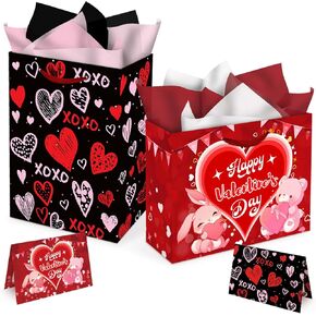 Aviski 2 Pack Valentines Day Gift Bags, 13 x 10.2 x 4.9 in, with Cards and Tissue Paper, Happy Valtentines Day Paper Bags for Party Favor