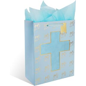 reviamz White Gift Bag Holy Spirit Design with Tissue Paper for Baby Boy and Girl Baptisms,Christenings,Baby Shower,First Communions Dedication Gifts for Religious Catholic Occasion- 10" x 5" x 13"