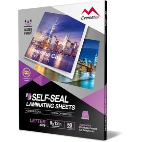 Everest Self Adhesive Laminating Sheets, Single Sided, Waterproof, Non-Toxic Material, PVC Free, 9 x 12 Inches, Letter Size (50)
