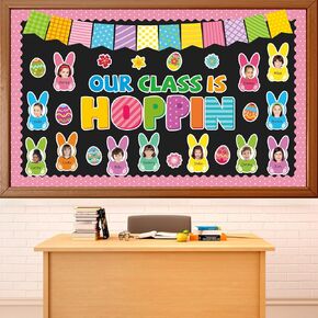 Qyeahkj 60Pcs Easter Bulletin Board Decoration Easter Egg Bunny Cutout DIY Picture Frame Crafts Our Class Is Hoppin Wall Bulletin Board Set for Easter Holiday Teacher School Office Chalkboard Supplies