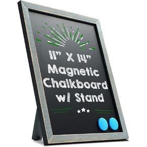 Besso Small Chalkboard Signs with Stand - 11x14 Deep Black, Slate Magnetic Chalk-Board, Non-Porous Surface with Rustic Pine Wood Frame - Tabletop Sign