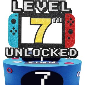 Level 7th Unlocked Cake Topper - Level 7th game Sign Theme Party Decorations 7th Happy Birthday Level Up Cake Decorations for Video Game Themed Kids Boy Girl Party Supplies