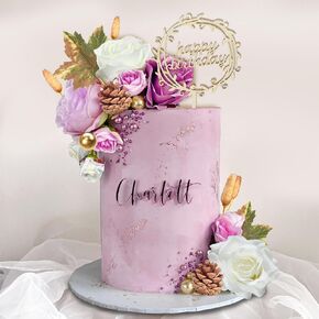 Flower Cake Toppers Happy Birthday Cake Toppers with Purple Pink White Artificial Roses Balls for Birthday Party Wedding Baby Shower Supplies