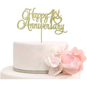Happy 1st Anniversary Cake Topper First One Birthday Wedding Party Decorations Supplies Sign Gold Glitter