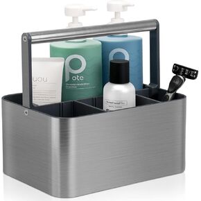Plastic Shower Caddy Basket - Portable Large Bath Storage Organizer Bin Tote with Handle and divider for College Dorm,Cabinet,Bathroom Counter, Brushed Nickel White