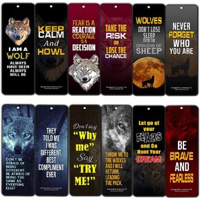 Creanoso Wolf Bookmarks (12-Pack) – Assorted Bookmark Set – Strong and Inspiring Inspirational Words Sayings – Premium Quality Bookmarkers - Party Supplies