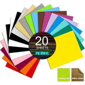 MerryMade Heat Transfer Vinyl HTV Bundle, Matte PU 12"x10" 20-Pack Assorted Colors Incl. StandardGrip Cutting Mat Teflon Sheet for Heat Press | Easy to Cut, Weed & Transfer