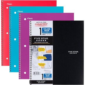 Five Star Wirebound Notebook, College Ruled, 1 Subject, 100 Sheets, 1 Notebook, Assorted Colors (Pack of 4)