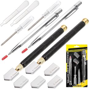 Tosnail 12 Pieces Glass Cutter Tool Set for Glass Bottle Mirrors Cutting, 2-20mm Pencil Style Oil Feed Glass Cutter, 4 Extra Blades, 2 Screwdrivers, 2 Plastic Droppers and 2 Engraving Pen