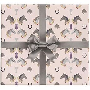 Ponies Gift Wrap Paper - Six Flat Folded Sheets 19.5x27 Inches with Horses, Ribbons and Trophies, Equestrian Birthday Wrapping Paper or Art Projects