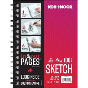 Koh-I-Noor Sketch Paper Pad with in & Out Pages, 50 lb. / 74 GSM, 5.5" x 8.5", Side Wire Bound, 100 White Sheets/Pad, 1 Each