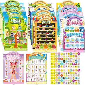 16 Educational Posters for Toddlers, 240 Reward Stickers, Preschool Posters for Classroom, PreK Learning Poster for Toddlers 1-3, Alphabet Poster Number Chart, Classroom Decorations (A)