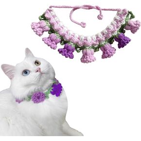 Cute Cat Collar Breakaway, Adjustable Knitted Pet Bib, Fancy Girl Female Boy Cat Accessories, Knitting Dog Bandana, Comfortable Crochet Bell Flower Scarf, Handmade Kitten Neck Decoration, Purple (M)