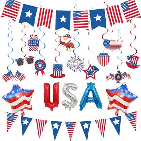 USA Party Decorations, Red Blue White Decorations with American Flag Banner, 12Pcs USA Hanging Swirls Decors, Pennant Bunting Banner, Foil Balloons for Welcome Home Patriotic Party Supplies