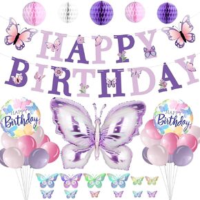 Purple Butterfly Happy Birthday Decorations - melody fantasy Butterfly Birthday Decorations with Honeycomb Balls, 3D Butterfly, Butterfly Foil Balloons for Women Girl Birthday Butterfly Party