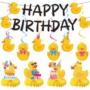 Duck Birthday Party Decorations - 18PCS Duck Party Decorations with Banner Hanging Swirls Centerpieces for Tables Duck Happy Birthday Decorations for Duck Themed Baby Shower Party Supplies