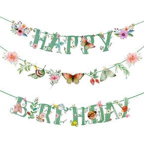 Butterfly Happy Birthday Banner Sage Green Spring Summer Party Banner Flower Butterfly Birthday Party Decorations Pre-Strung