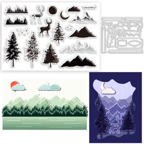 2pcs Forest Clear Stamps and Die Set Sun Moon Die Cuts Tree Deer Rubber Stamp Bird Silicone Stamp Mountain Scene Stamp Frame Cutting Dies for DIY Scrapbooking Card Making Paper Craft