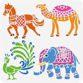 FINGERINSPIRE India Animals Painting Stencil 11.8x11.8inch Reusable Horse Camel Peacock Elephant Pattern Drawing Template India Theme Decoration Stencil for Painting on Wood Wall Paper Furniture