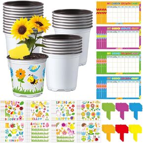 Capoda 24 Sets Garden Flower Pots Crafts Kit DIY Spring Plastic Seedling Nursery Pots with Stickers Plant Labels Growth Charts Planting Growing Tools Classroom Activities Project Gifts (Round)