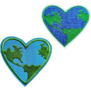 2Pieces Wanderlust Heart Shape World Map Iron On/Sew on Patch, Embroidered Patch Emblem Badge for Backpacks Jeans Jacket (Heart)