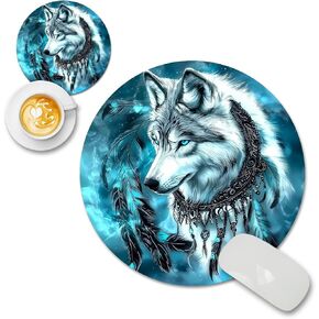 Dreamcather Wolf Design Vibrant Cute Round Mouse Pad Aesthetic for Desk Accessories, Girly Mousepad Fun Office Decor Lessens The Tedium of Your Workday, Portable Mousepad for Office Gaming Travel