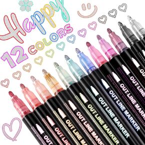VEKDA Shimmer Markers for Kids Metallic Glitter Pens, 12 Colors Double Line Outline Pens Set for Teen Girl Gifts Art Supplies Trendy Stuff, Arts and Crafts