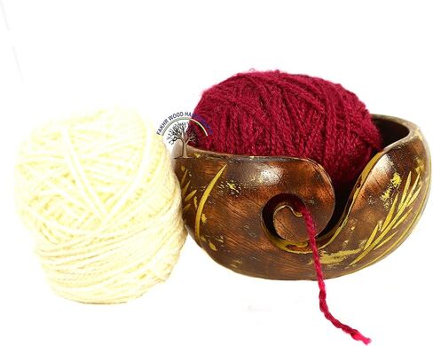 Wooden Yarn Bowl Knitting Bowl Yarn Holder Dispenser Handmade Yarn Storage Bowl Knitting Crocheting Accessories Wool Storage Holder (White Leaves) in Saudi Arabia