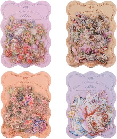 ملصقات كوب الشاي ، 150pcs Pet Pet Vintage Mini Teacup Stickers Teat Time Party Favors لزجاجات المياه Scrapbooking Luggage Phone Phone Phone in Kuwait