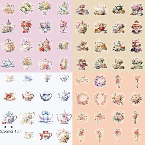 ملصقات كوب الشاي ، 150pcs Pet Pet Vintage Mini Teacup Stickers Teat Time Party Favors لزجاجات المياه Scrapbooking Luggage Phone Phone Phone in Kuwait
