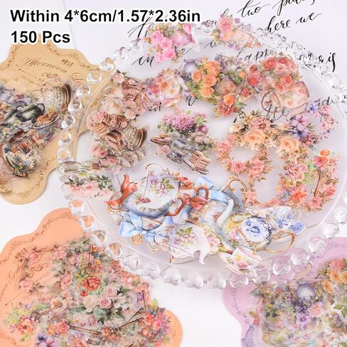 ملصقات كوب الشاي ، 150pcs Pet Pet Vintage Mini Teacup Stickers Teat Time Party Favors لزجاجات المياه Scrapbooking Luggage Phone Phone Phone in Kuwait