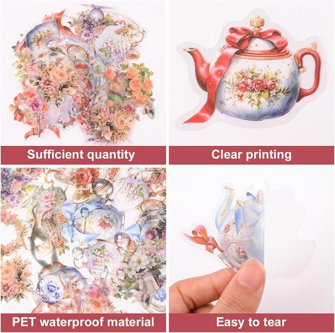 ملصقات كوب الشاي ، 150pcs Pet Pet Vintage Mini Teacup Stickers Teat Time Party Favors لزجاجات المياه Scrapbooking Luggage Phone Phone Phone in Kuwait