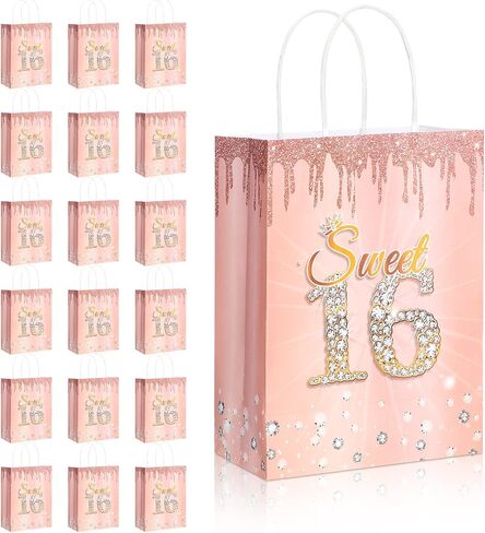 Teling 18 Pcs Sweet 16 Party Favors Sweet 16th Birthday Gift Bags Goodie Candy Treat Bags with Handle Decorations for 16th Birthday Party Supplies(Rose Gold) in Saudi Arabia