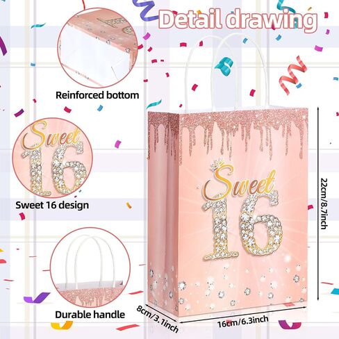 Teling 18 Pcs Sweet 16 Party Favors Sweet 16th Birthday Gift Bags Goodie Candy Treat Bags with Handle Decorations for 16th Birthday Party Supplies(Rose Gold) in Saudi Arabia