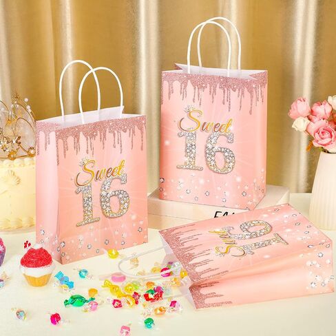 Teling 18 Pcs Sweet 16 Party Favors Sweet 16th Birthday Gift Bags Goodie Candy Treat Bags with Handle Decorations for 16th Birthday Party Supplies(Rose Gold) in Saudi Arabia