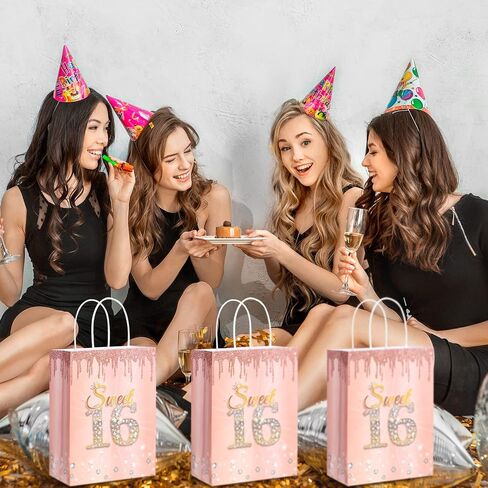 Teling 18 Pcs Sweet 16 Party Favors Sweet 16th Birthday Gift Bags Goodie Candy Treat Bags with Handle Decorations for 16th Birthday Party Supplies(Rose Gold) in Saudi Arabia