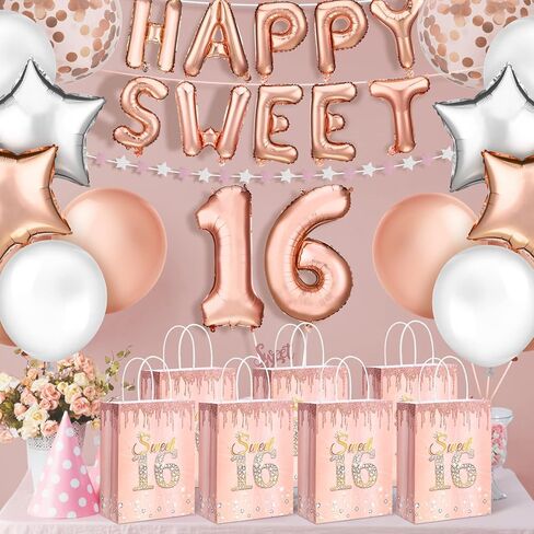 Teling 18 Pcs Sweet 16 Party Favors Sweet 16th Birthday Gift Bags Goodie Candy Treat Bags with Handle Decorations for 16th Birthday Party Supplies(Rose Gold) in Saudi Arabia